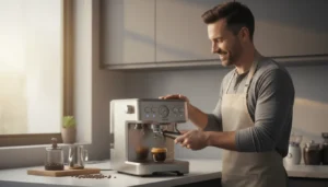 man uses coffee machine