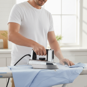 man ironing with black+decker iron machine