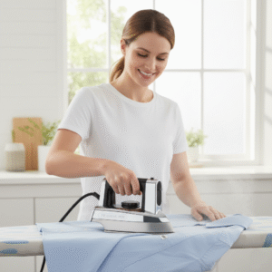 woman ironing with Black+Decker iron machine