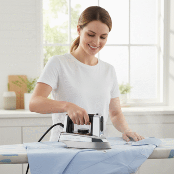 woman ironing with Black+Decker iron machine