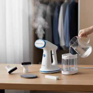 Powerful Rowenta garment steamer on fabric garment