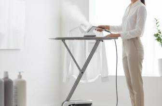 Powerful Rowenta garment steamer on fabric garment