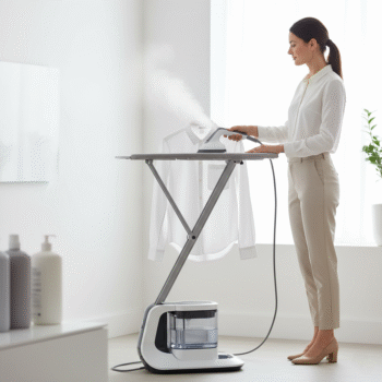 Powerful Rowenta garment steamer on fabric garment