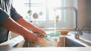 Dishwasher-safe silicone cooking utensils being washed in a kitchen sink