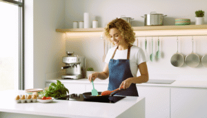“Home chef using silicone cooking utensils to stir sauce in a non-stick pan”